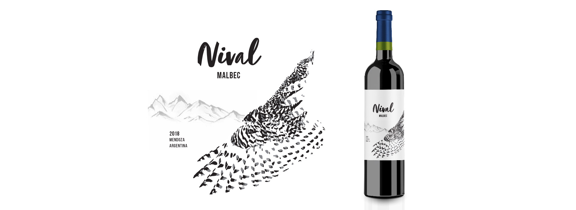 Etiqueta y botella de vino nival malbec